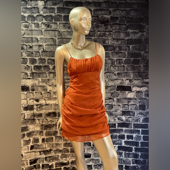 Rust Orange Burnout Velvet Ruched Mini Dress - Picture 9 of 11